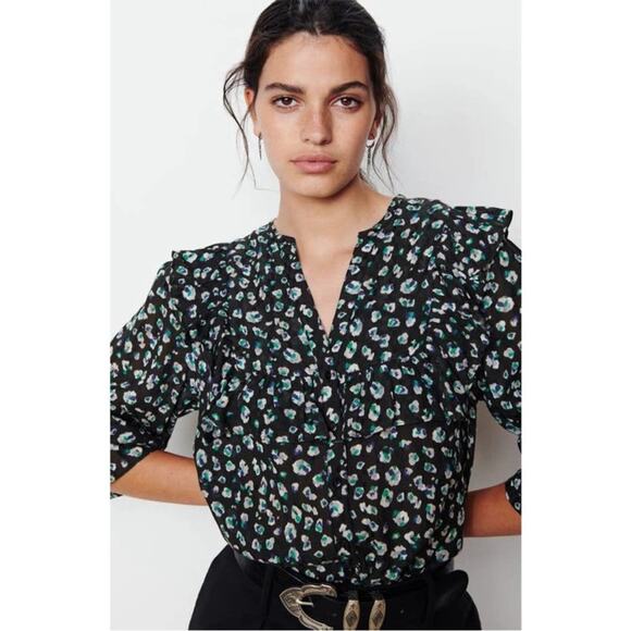 BA&SH Blake Black Leopard Printed Blouse Long Sleeve Cotton Button Front Top S - Picture 1 of 10